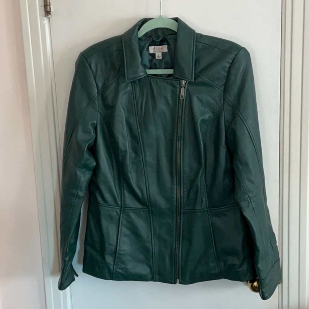 D & Co Dark Green Leather Motor Bicycle Jacket Medium